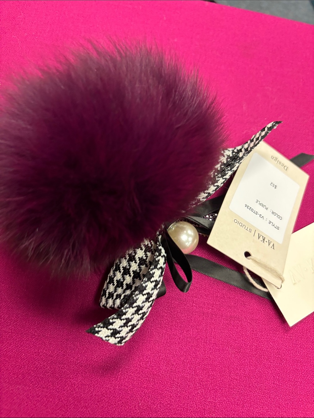 VAKA Plum Fur Pom Keychain with Houndstooth Ribbon & Pearl Accent